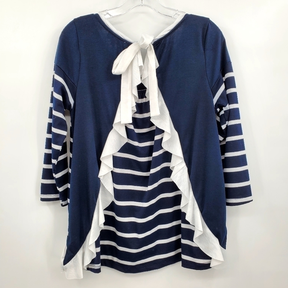 Umgee Blue White Striped Ruffle Top - Picture 2 of 5